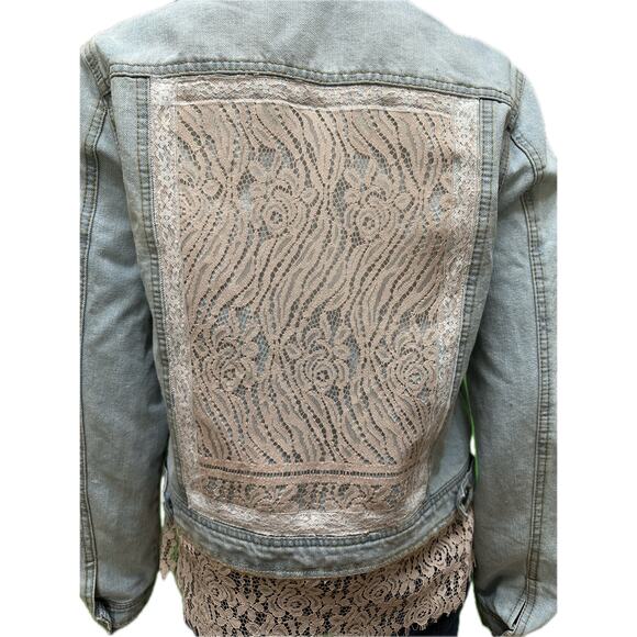 Custom Upcycled Denim Jacket Pink Lace Hem & Back Panel Large - Picture 5 of 9